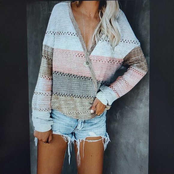 062. Multicolor Color Block Deep V Neck Wrap Sweater  Size M - Picture 1 of 14